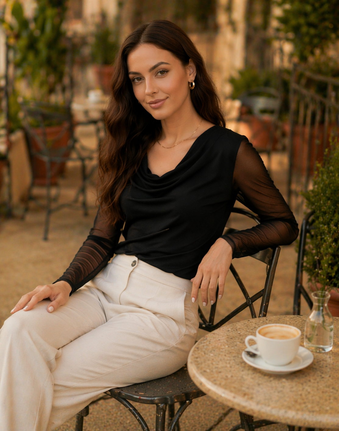 Clobug Women Solid Net Full Sleeve Cowl Neck Crop Top