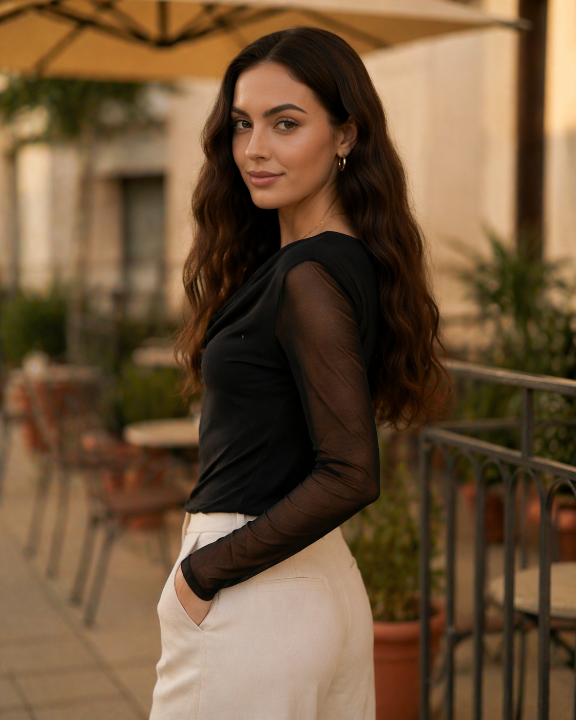 Clobug Women Solid Net Full Sleeve Cowl Neck Crop Top