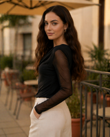 Clobug Women Solid Net Full Sleeve Cowl Neck Crop Top