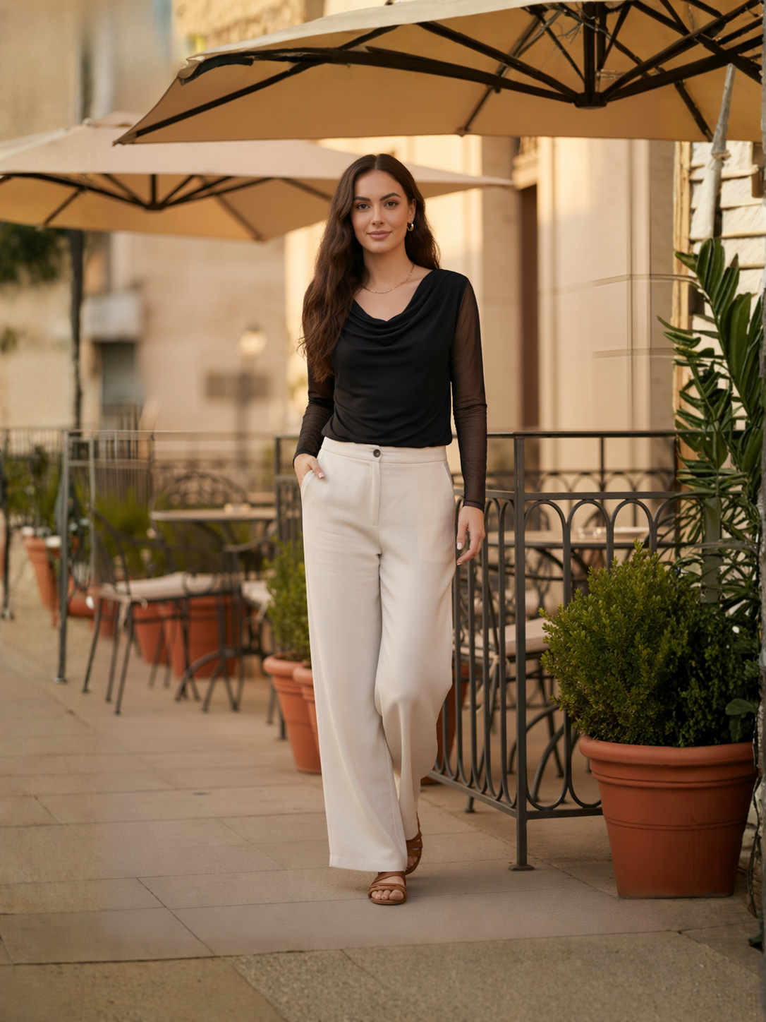 Clobug Women Solid Net Full Sleeve Cowl Neck Crop Top