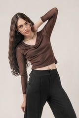 Clobug Women Solid Net Full Sleeve Cowl Neck Crop Top