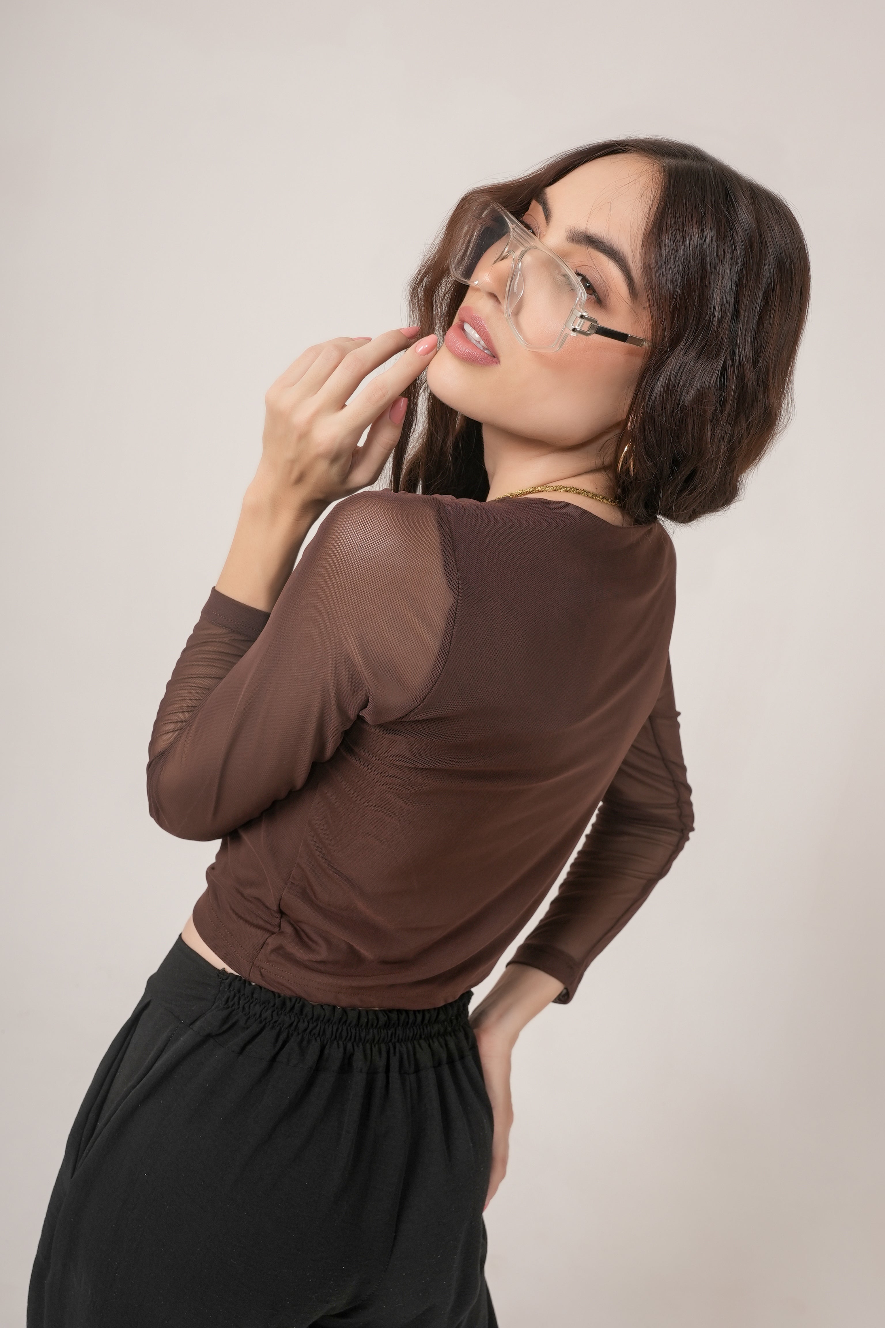 Clobug Women Solid Net Full Sleeve Cowl Neck Crop Top