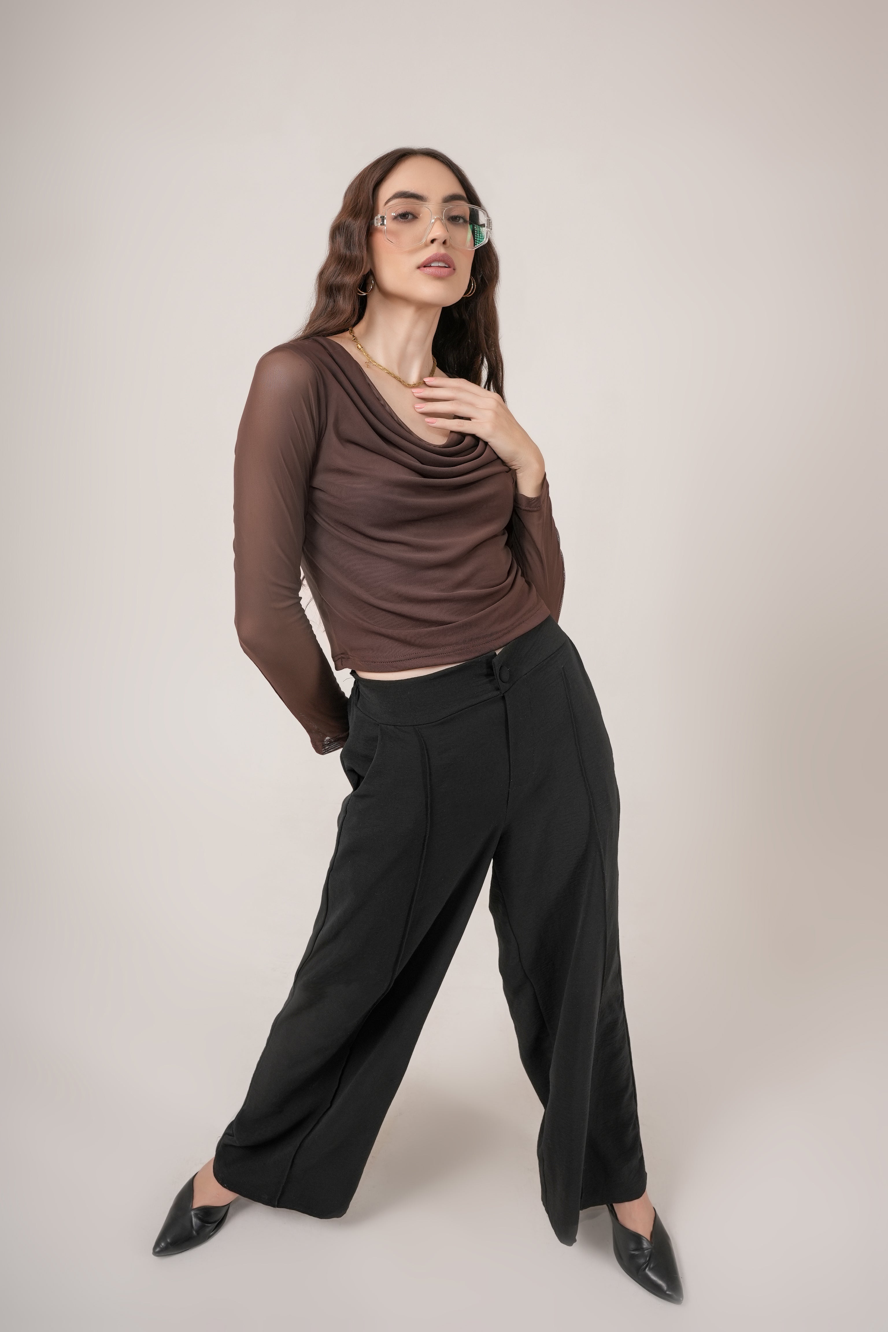 Clobug Women Solid Net Full Sleeve Cowl Neck Crop Top