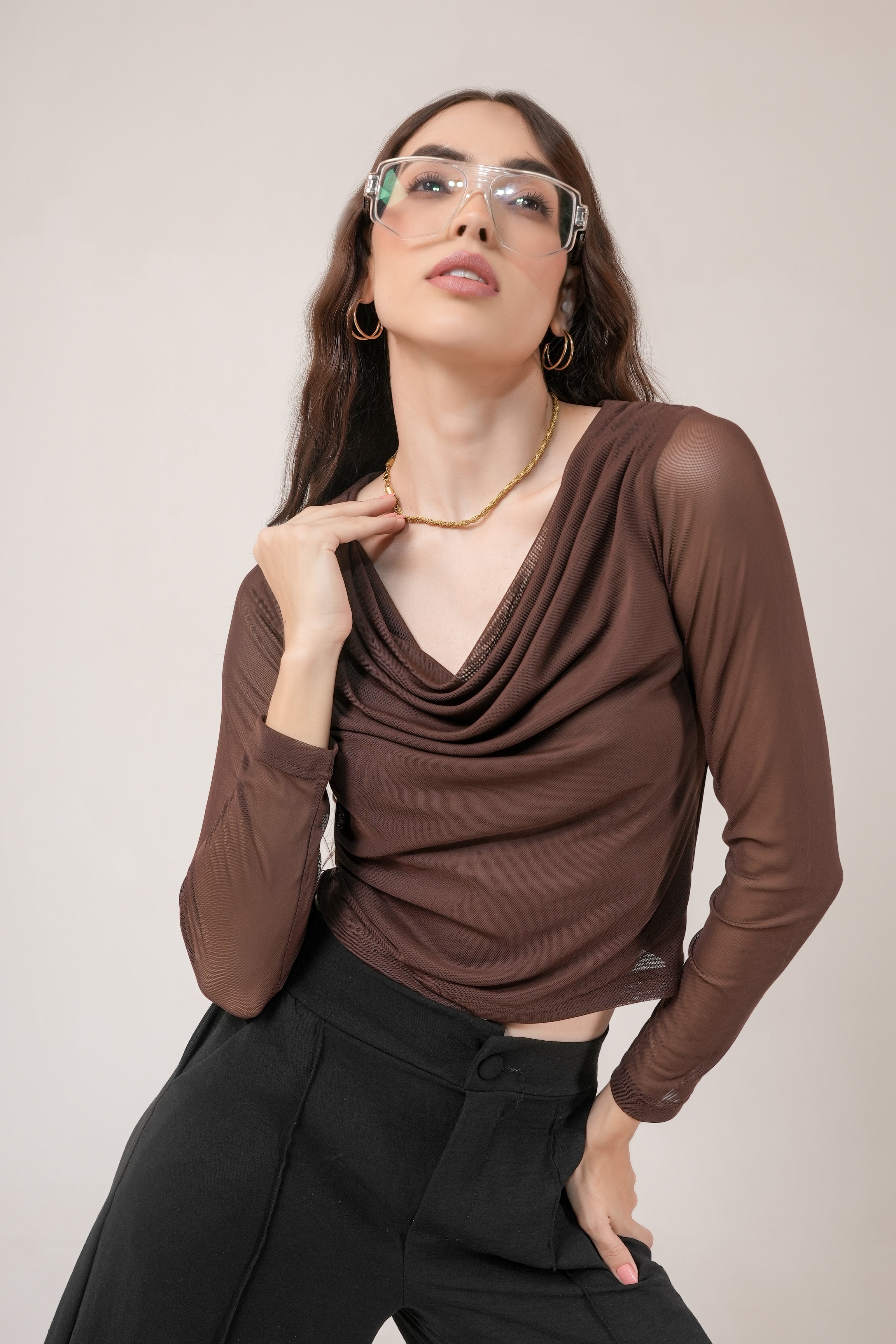 Clobug Women Solid Net Full Sleeve Cowl Neck Crop Top
