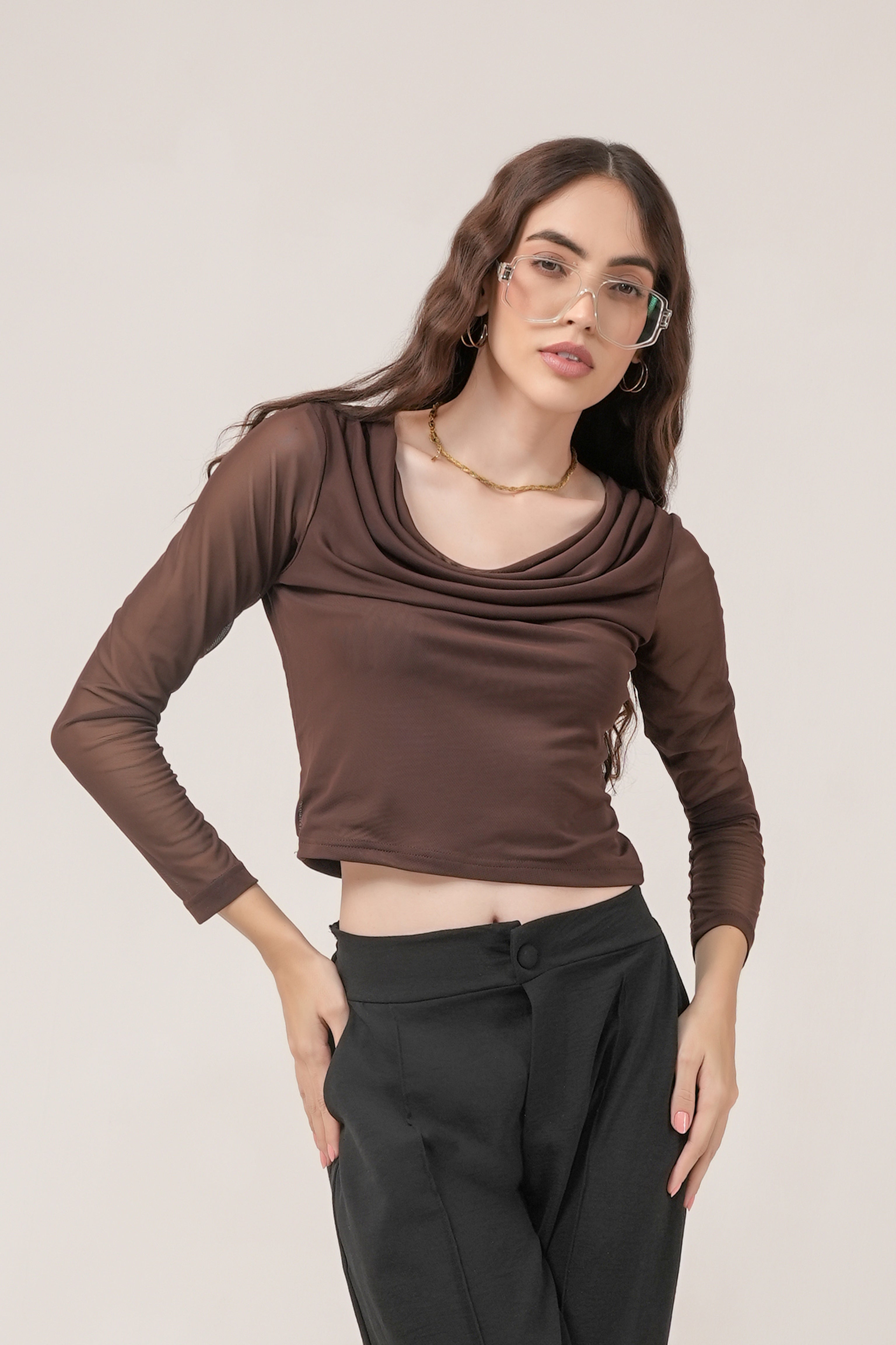 Clobug Women Solid Net Full Sleeve Cowl Neck Crop Top