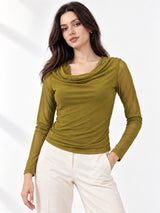 Clobug Women Solid Net Full Sleeve Cowl Neck Crop Top