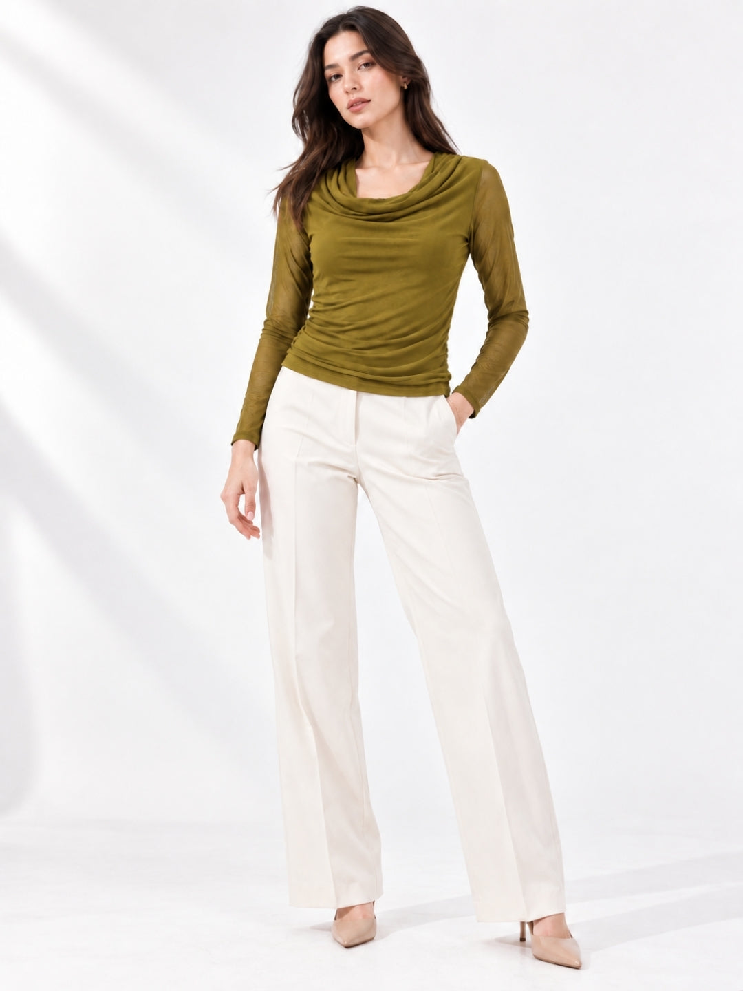 Clobug Women Solid Net Full Sleeve Cowl Neck Crop Top