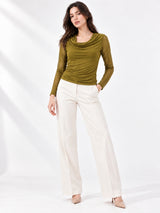 Clobug Women Solid Net Full Sleeve Cowl Neck Crop Top