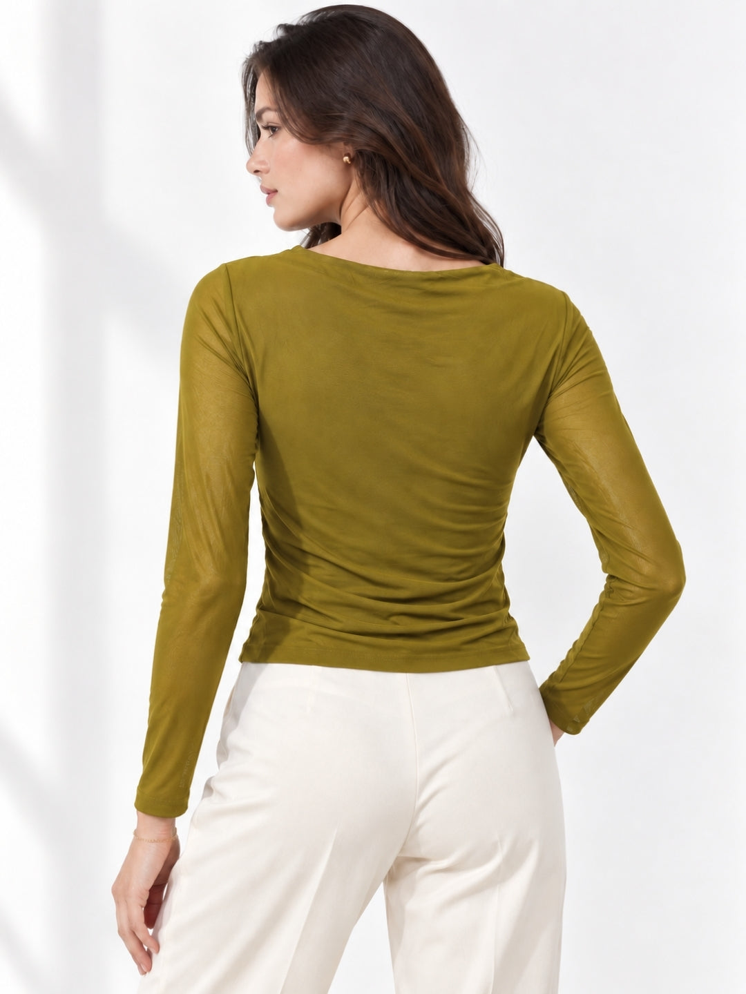 Clobug Women Solid Net Full Sleeve Cowl Neck Crop Top