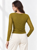 Clobug Women Solid Net Full Sleeve Cowl Neck Crop Top
