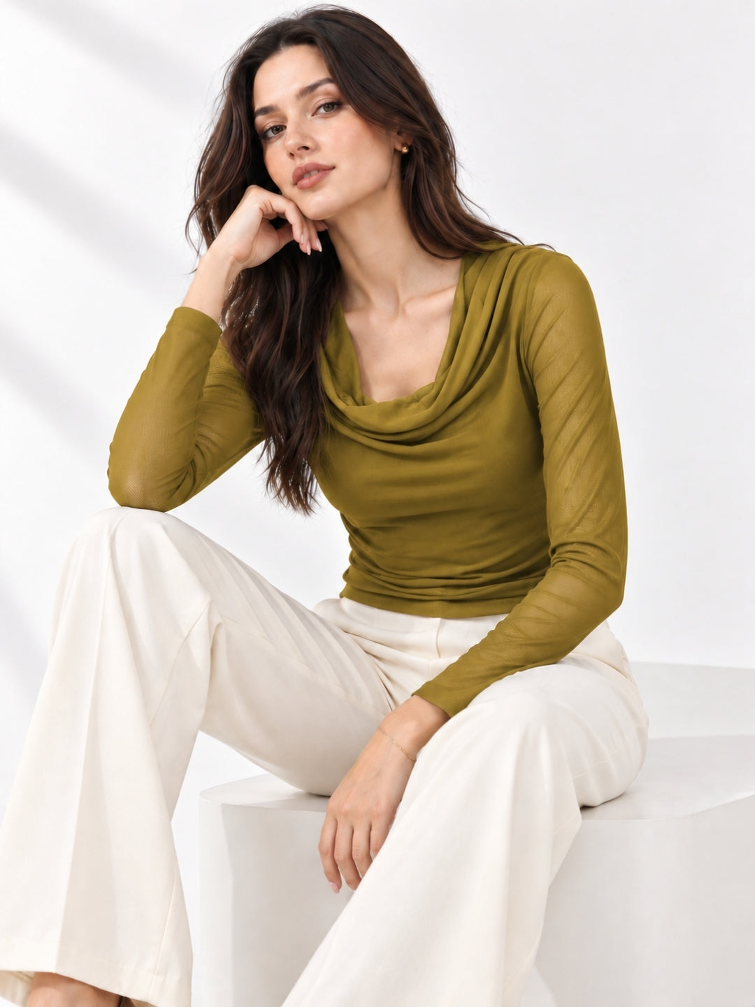 Clobug Women Solid Net Full Sleeve Cowl Neck Crop Top