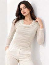 Clobug Women Solid Net Full Sleeve Cowl Neck Crop Top