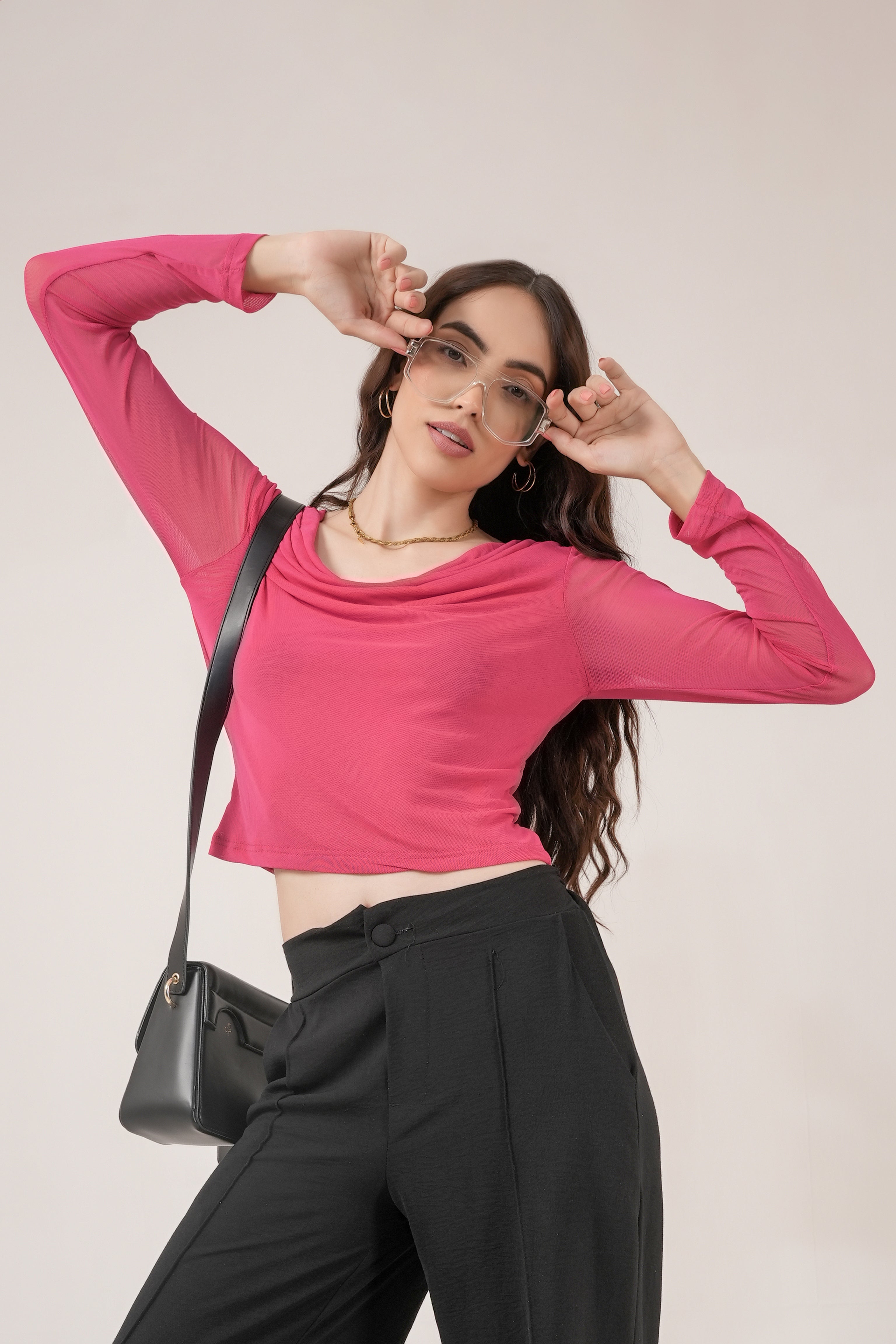 Clobug Women Solid Net Full Sleeve Cowl Neck Crop Top
