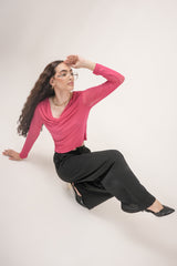 Clobug Women Solid Net Full Sleeve Cowl Neck Crop Top