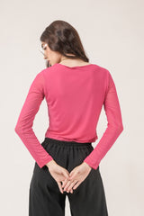 Clobug Women Solid Net Full Sleeve Cowl Neck Crop Top