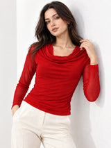 Clobug Women Solid Net Full Sleeve Cowl Neck Crop Top
