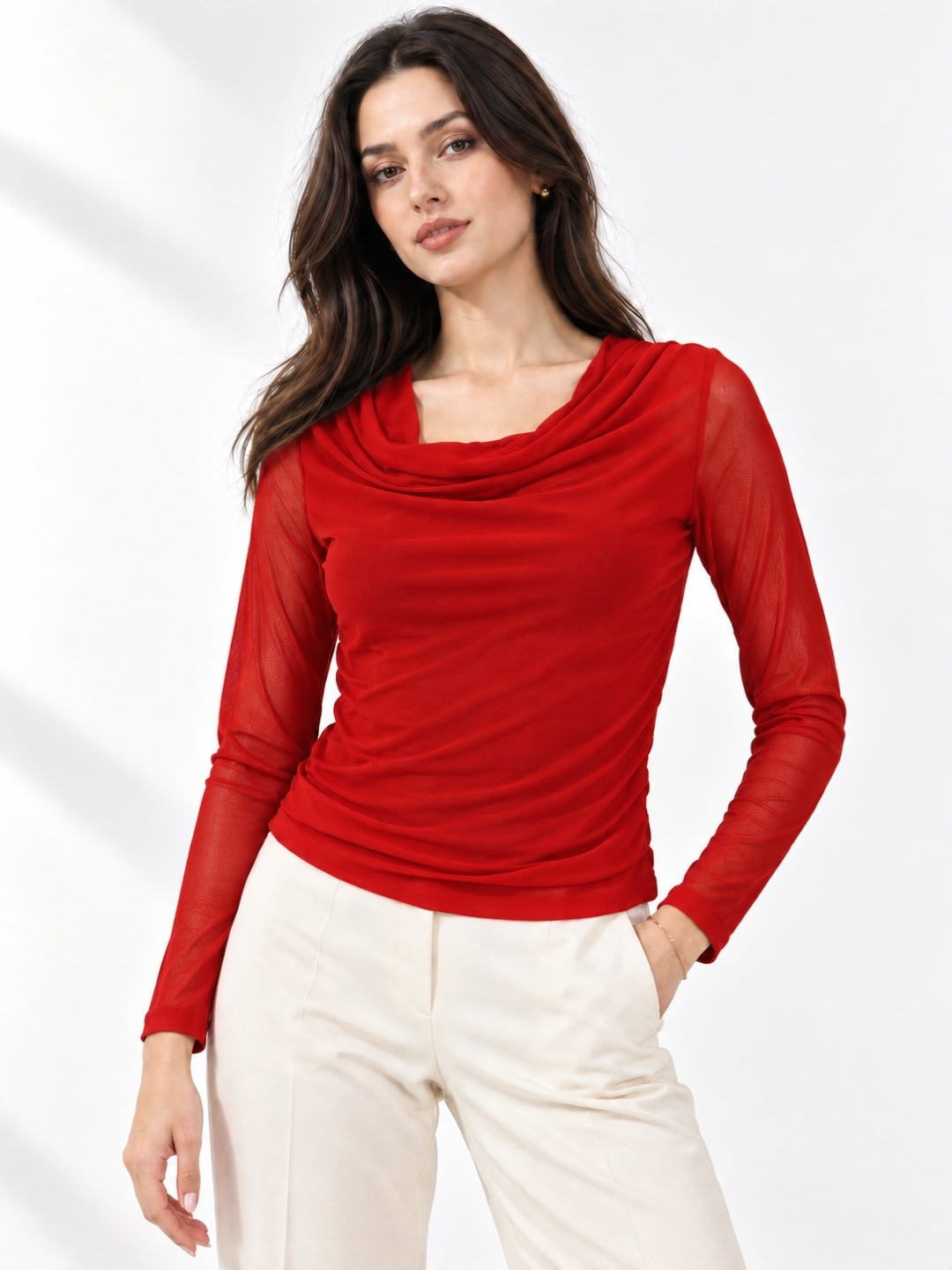 Clobug Women Solid Net Full Sleeve Cowl Neck Crop Top
