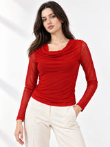 Clobug Women Solid Net Full Sleeve Cowl Neck Crop Top