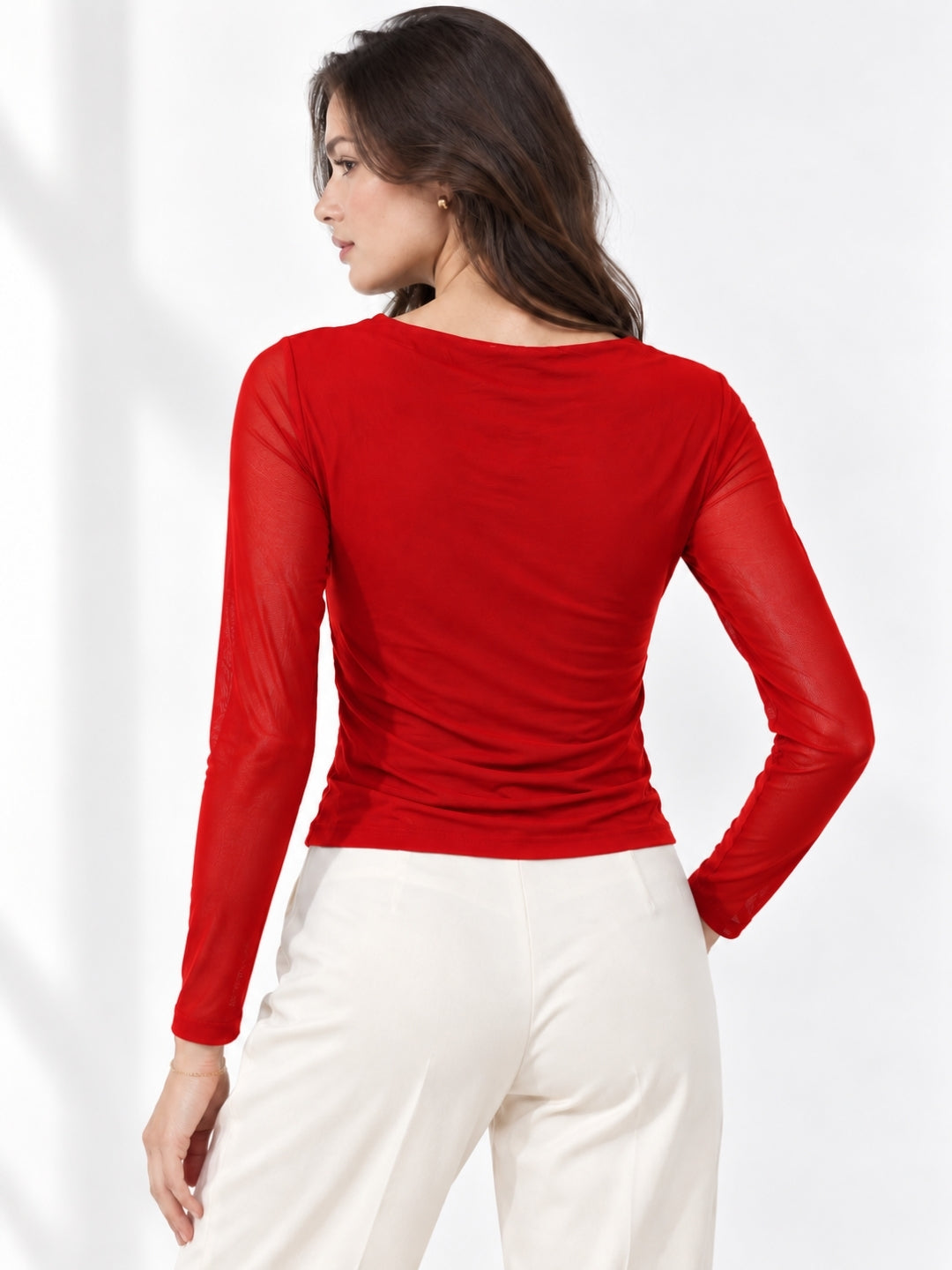 Clobug Women Solid Net Full Sleeve Cowl Neck Crop Top
