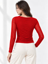 Clobug Women Solid Net Full Sleeve Cowl Neck Crop Top