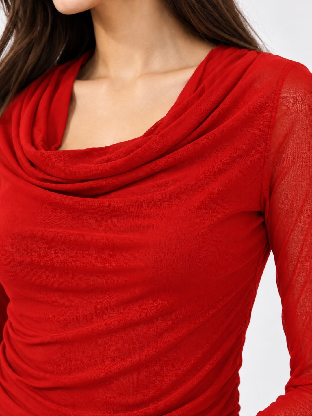 Clobug Women Solid Net Full Sleeve Cowl Neck Crop Top