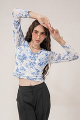 Clobug Women Printed Net Full Sleeve Cowl Neck Blue Crop Top