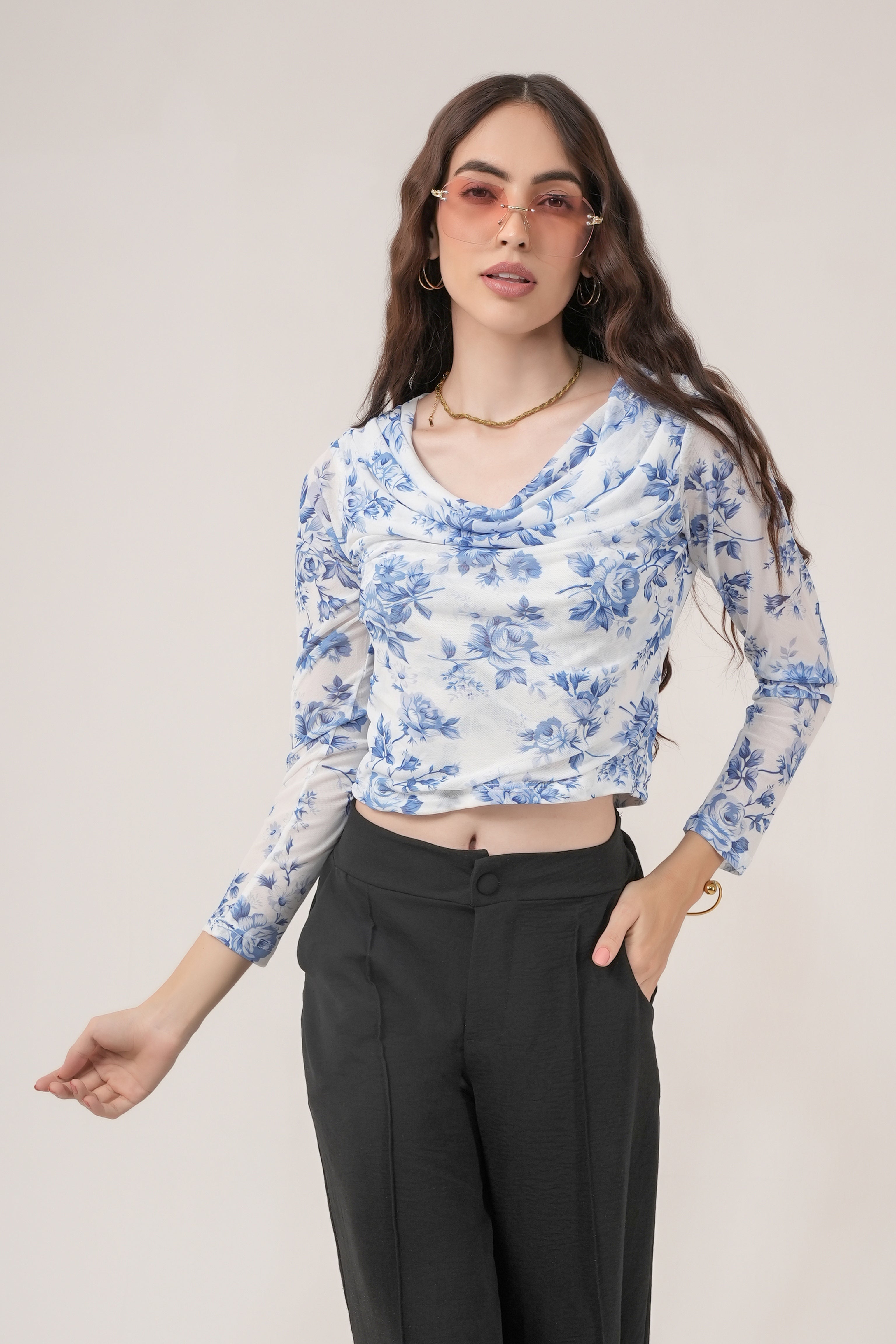 Clobug Women Printed Net Full Sleeve Cowl Neck Blue Crop Top