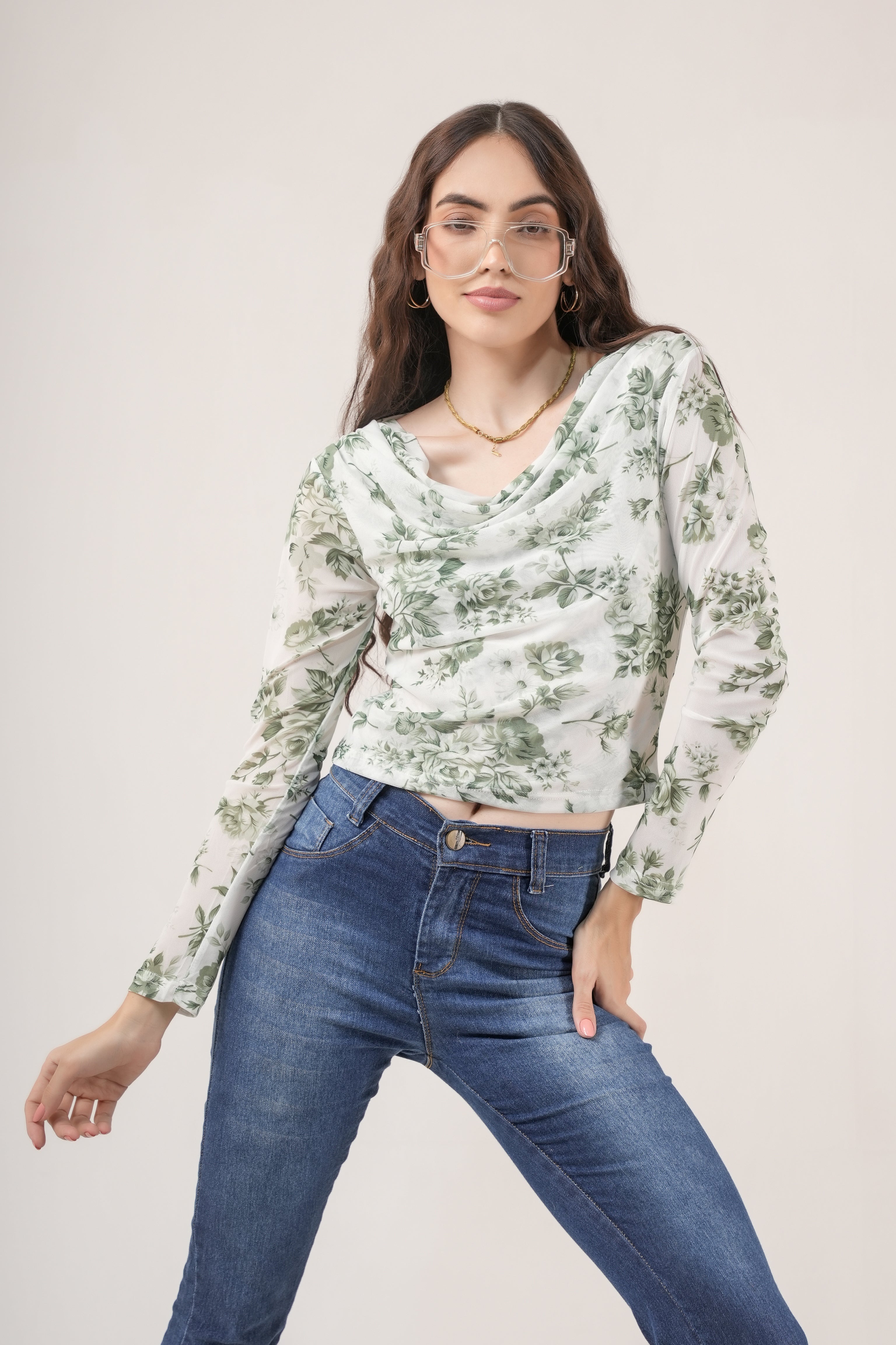Clobug Women Printed Net Full Sleeve Cowl Neck Blue Crop Top