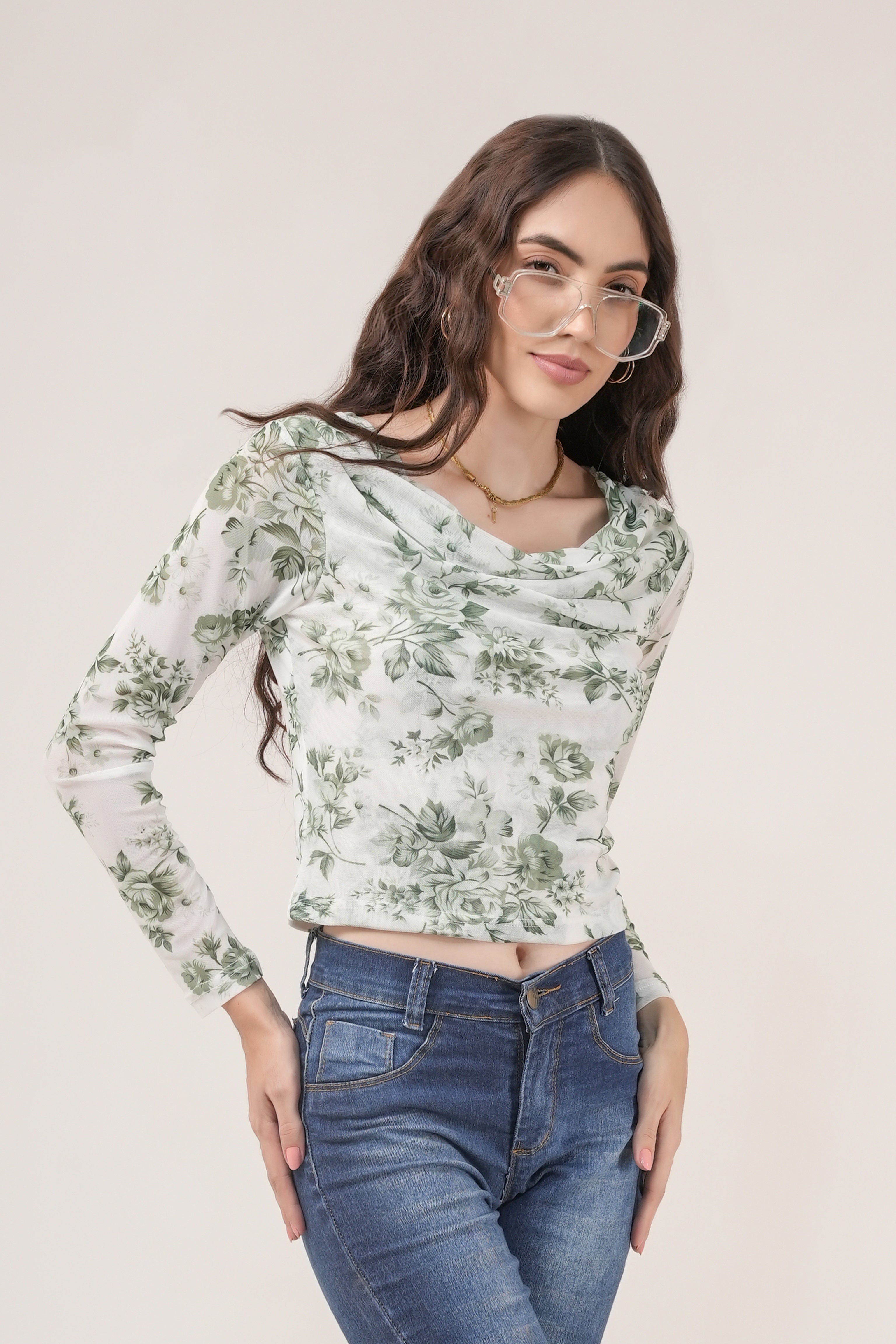 Clobug Women Printed Net Full Sleeve Cowl Neck Blue Crop Top