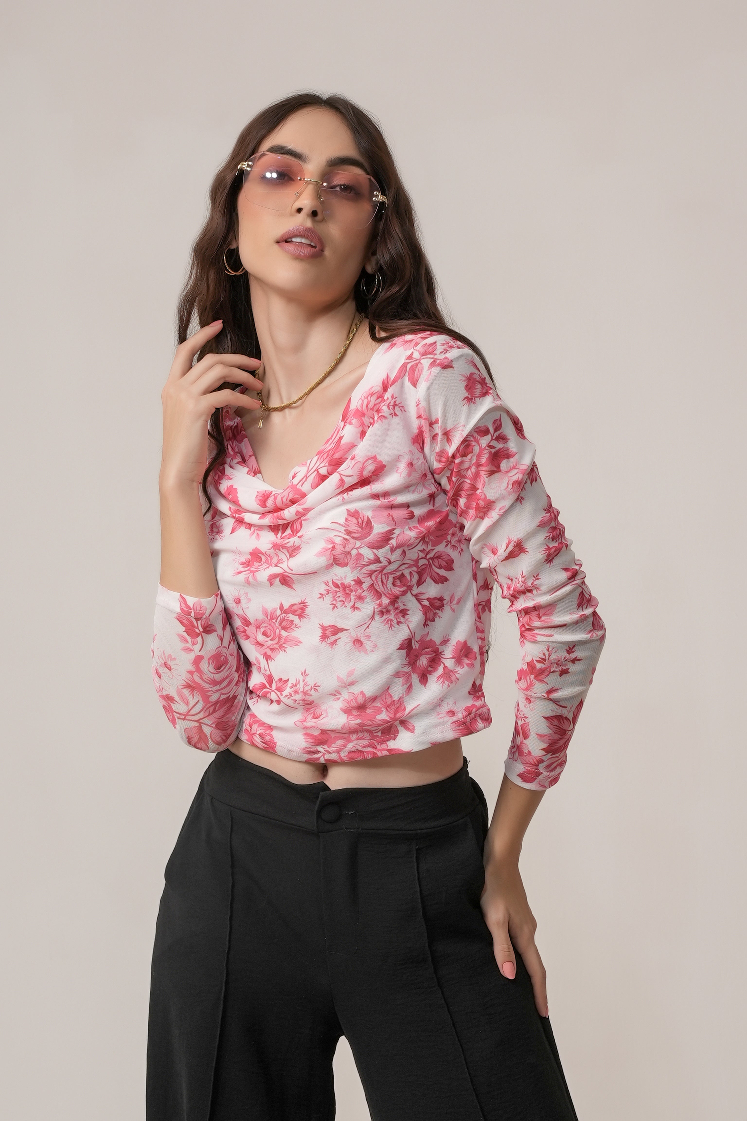 Clobug Women Printed Net Full Sleeve Cowl Neck Blue Crop Top