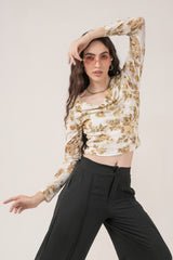 Clobug Women Printed Net Full Sleeve Cowl Neck Blue Crop Top