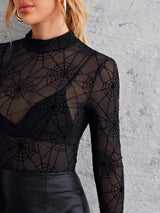 Clobug Women Black Net Full Sleeve High Neck Fitted Top