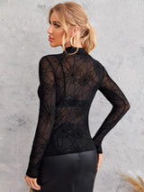 Clobug Women Black Net Full Sleeve High Neck Fitted Top
