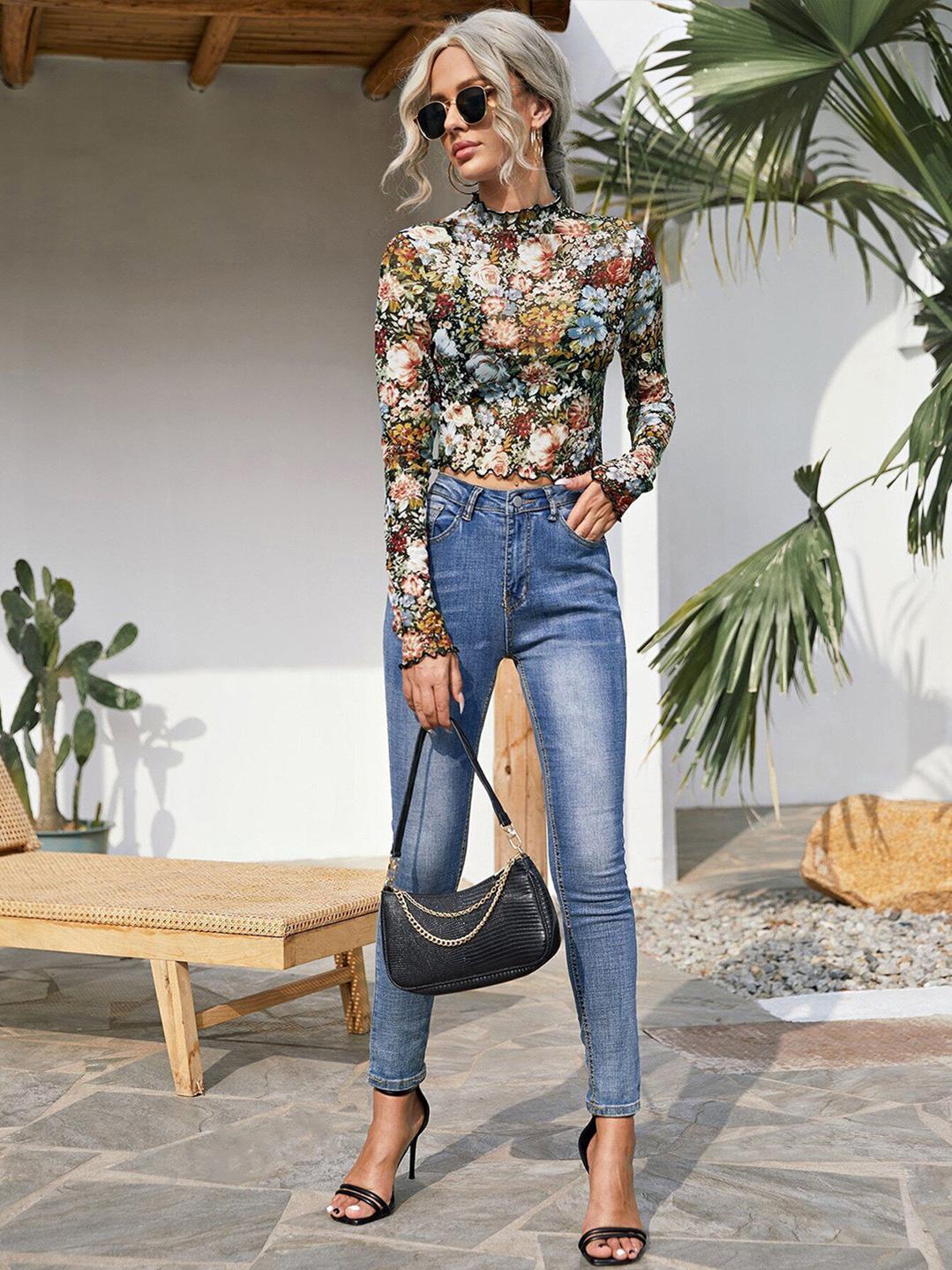 Clobug Women Multicolor Net Full Sleeve High Neck Regular Crop Top