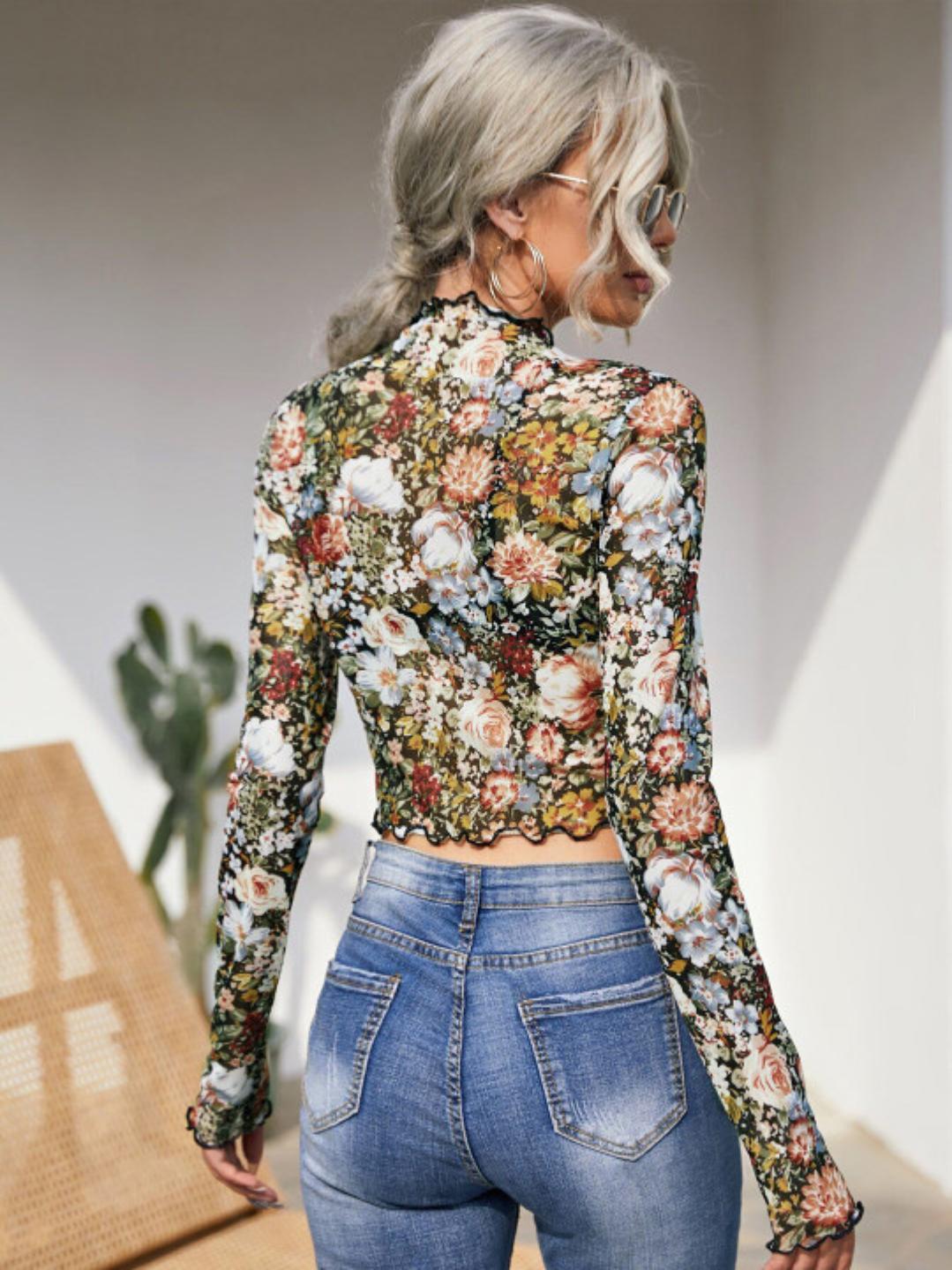 Clobug Women Multicolor Net Full Sleeve High Neck Regular Crop Top