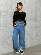 Clobug Women Black Net Full Sleeve High Neck Fitted Top