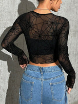 Clobug Women Black Net Full Sleeve High Neck Fitted Top