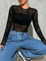 Clobug Women Black Net Full Sleeve High Neck Fitted Top