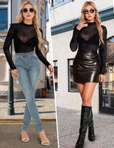 Clobug Women Black Net Full Sleeve High Neck Fitted Top