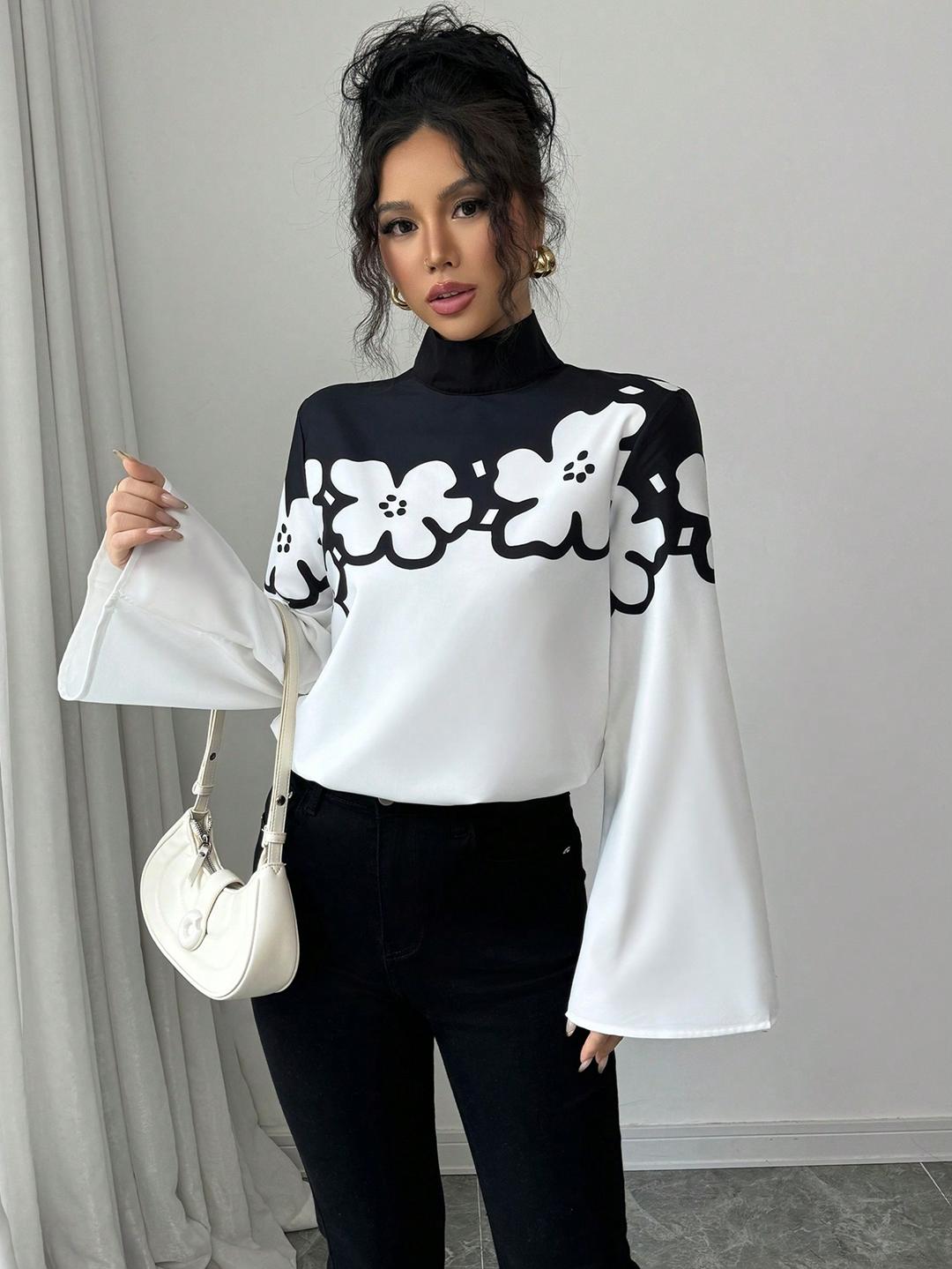 Clobug Women Colorblock Solid Full Sleeve High Neck Regular Top
