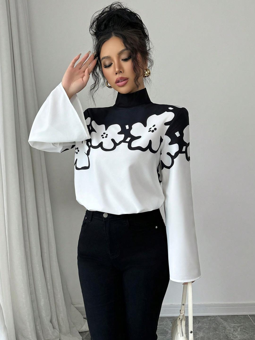 Clobug Women Colorblock Solid Full Sleeve High Neck Regular Top