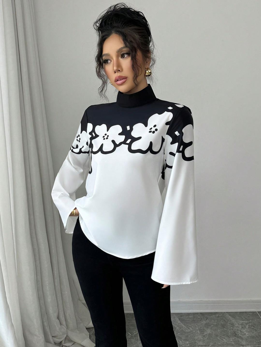 Clobug Women Colorblock Solid Full Sleeve High Neck Regular Top