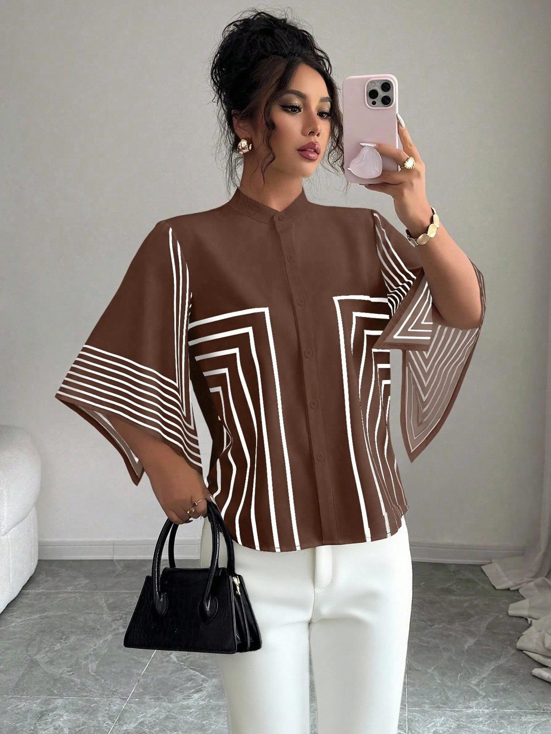 Clobug Women Striped Print Half Sleeve High Neck Regular Top