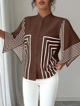 Clobug Women Striped Print Half Sleeve High Neck Regular Top
