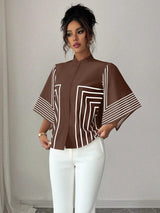 Clobug Women Striped Print Half Sleeve High Neck Regular Top