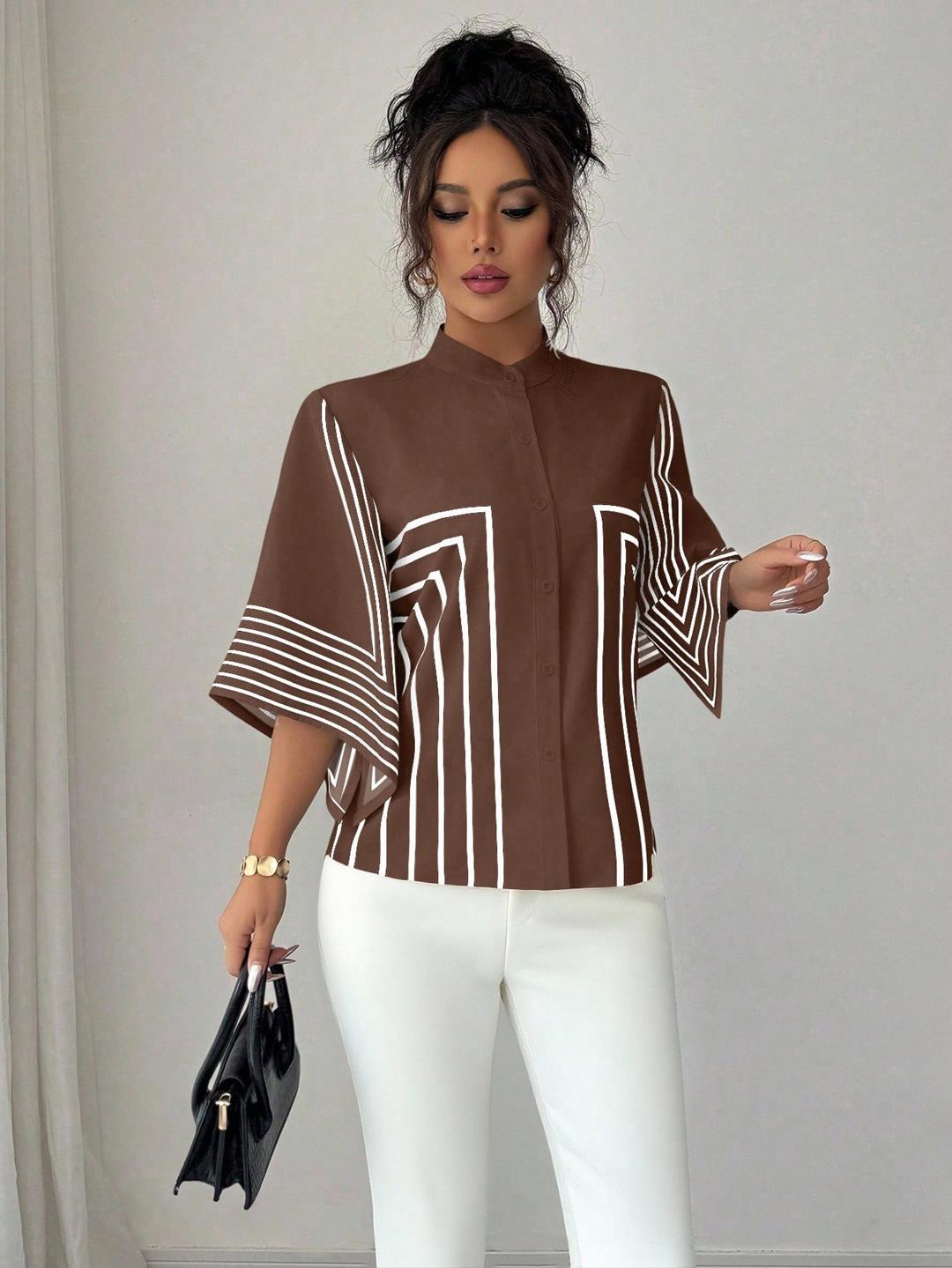 Clobug Women Striped Print Half Sleeve High Neck Regular Top