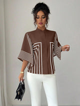 Clobug Women Striped Print Half Sleeve High Neck Regular Top