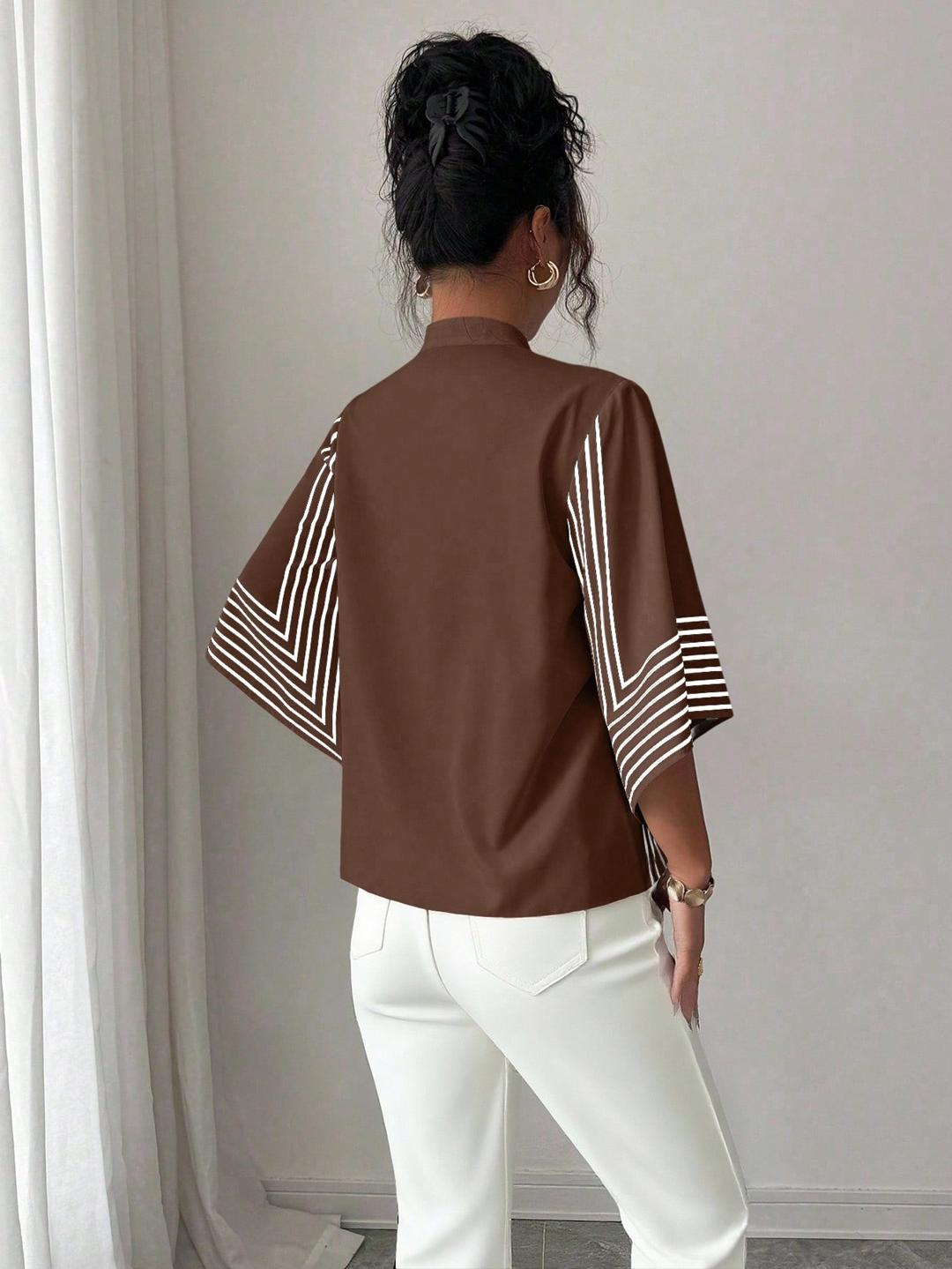 Clobug Women Striped Print Half Sleeve High Neck Regular Top