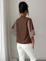 Clobug Women Striped Print Half Sleeve High Neck Regular Top