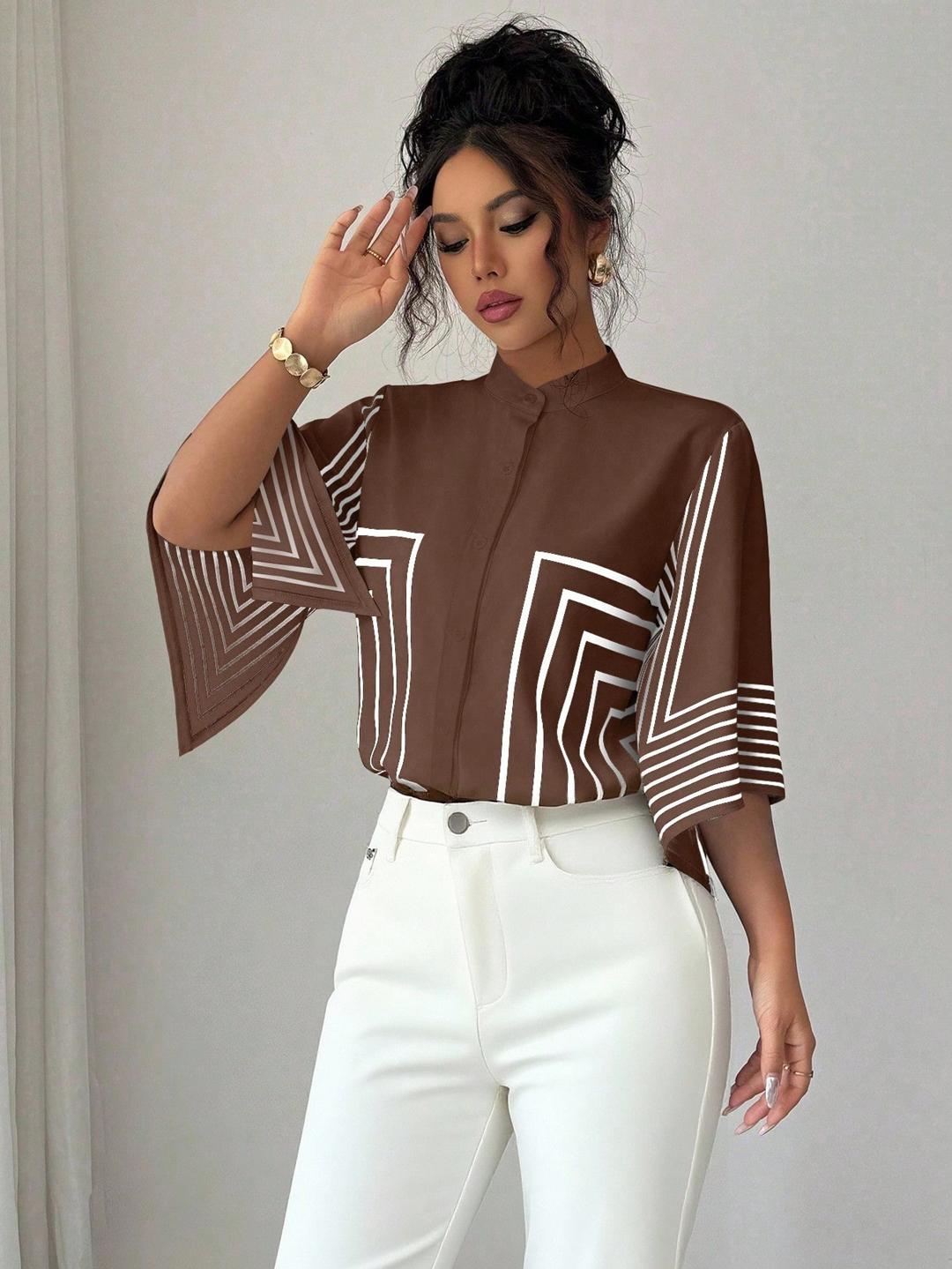 Clobug Women Striped Print Half Sleeve High Neck Regular Top